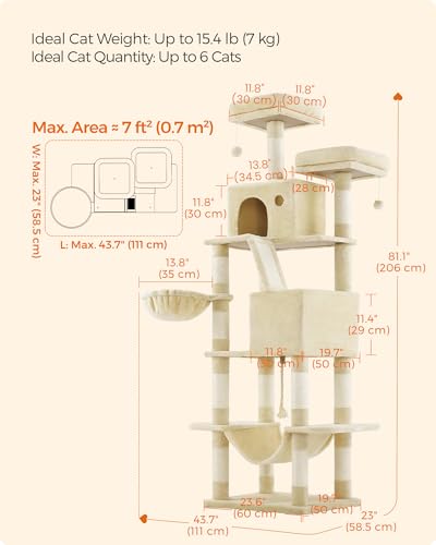 Image of Feandrea Cat Tree, 81.1-Inch Large Cat Tower, Multi-Level Plush Condo with 13 Scratching Posts, 2 Perches, 2 Caves, Basket, Hammock, Pompoms, Beige UPCT190M01