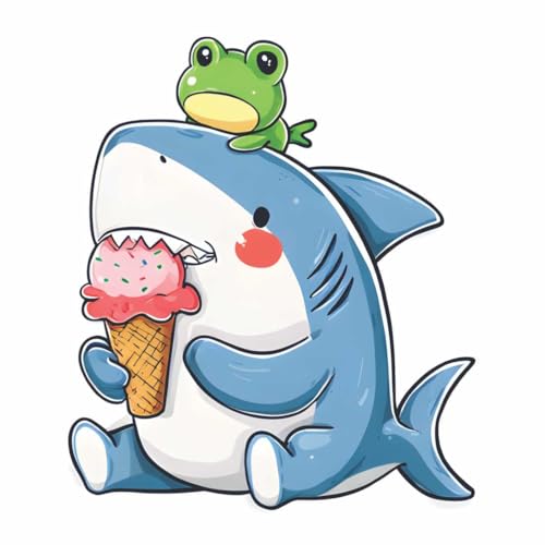 Image of Cute Shark with Ice Cream Wall Sticker | Cartoon Sea Animal Self Adhesive Wall Decal for Ki-ds Room, Nursery, Bedroom & Playroom Decoration