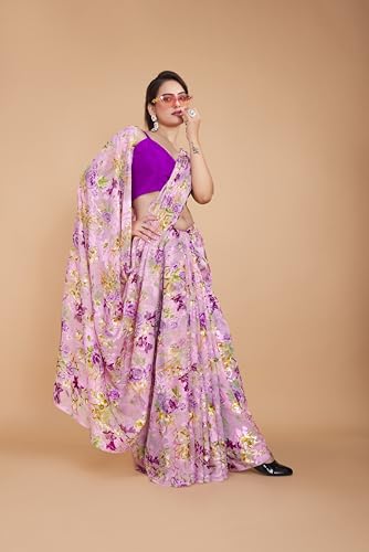 Image of Garden Vareli Summer Roganza Viscose Brasso Floral Print Saree with Unstitched Blouse Piece
