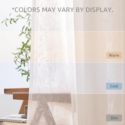 Image of jinchan White Floral Linen Curtains for Living Room 84 inch Back Tab 2 Panels