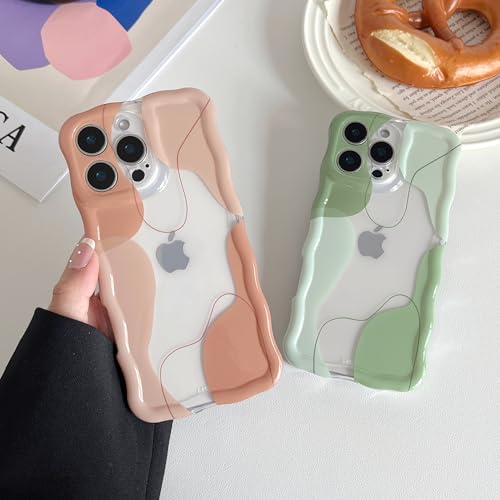 DEFBSC for iPhone 15 Pro Max Case, Cute Clear Wavy Art Design Aesthetic Pattern Phone Case for Women Girls,Wave Frame Durable Protective Cover Full Camera Protection Bumper for iPhone 15 Pro Max,Green