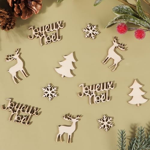 100 Pièces Confettis de Noël Décoration Table Confettis en Bois - Motif Flocon de Neige Sapin Renne Joyeux Noël Avec Boîte