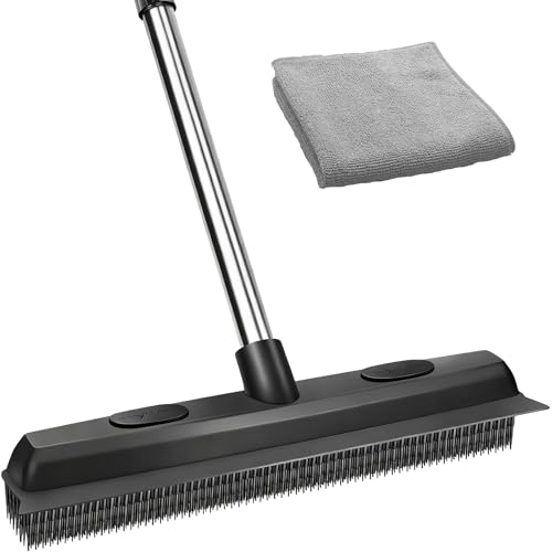 Houbobo Rubber Broom for Pet Hair Carpet 121cm Adjustable Metal Handle 34cm Wide Rubber Brush with Built-in Squeegee Includes 1 Microfiber Cloth Sweeping Brush for Carpet Kitchen Floor Cleaning