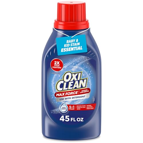 OxiClean Max Force Advanced Stain Remover Liquid, Color-Safe, Bleach-Free Kids and Baby Essential, Use with Detergent to Remove Messy Stains like Berries, Juice, Mud, Grass, 45 Fl Oz