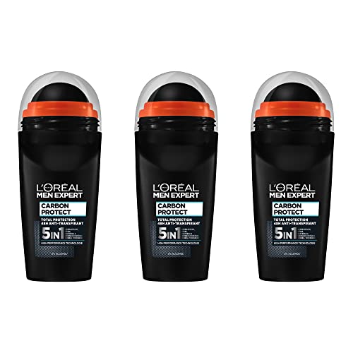L'Oréal Men Expert Carbon Protect Déodorant pour homme 5 en 1 contre la formation d'odeurs, l'humidité, les bactéries et les résidus blancs pour jusqu'à 48 heures de fraîcheur, Carbon Protect - 3 x 50