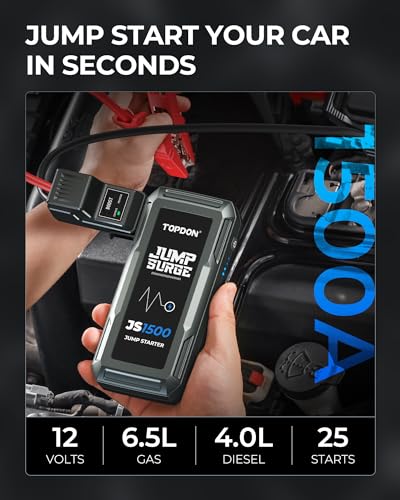 TOPDON Jump Starter JS1500, 1500A/10000mAh Battery Booster for Up to 6.5L Gas/4.0L Diesel Engines, Portable Power Pack with Jumper Cable/LED Flashlight