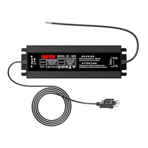 JOTEC LED Driver 150 Watts DC 12V Low Voltage Transformer,Waterproof IP67 LED Power Supply, Adapter with 3-Prong Plug 4.92 Feet Cable for Any 12V DC led Lights, Computer Project, Outdoor Light -  JHOTEC, 150W X 1