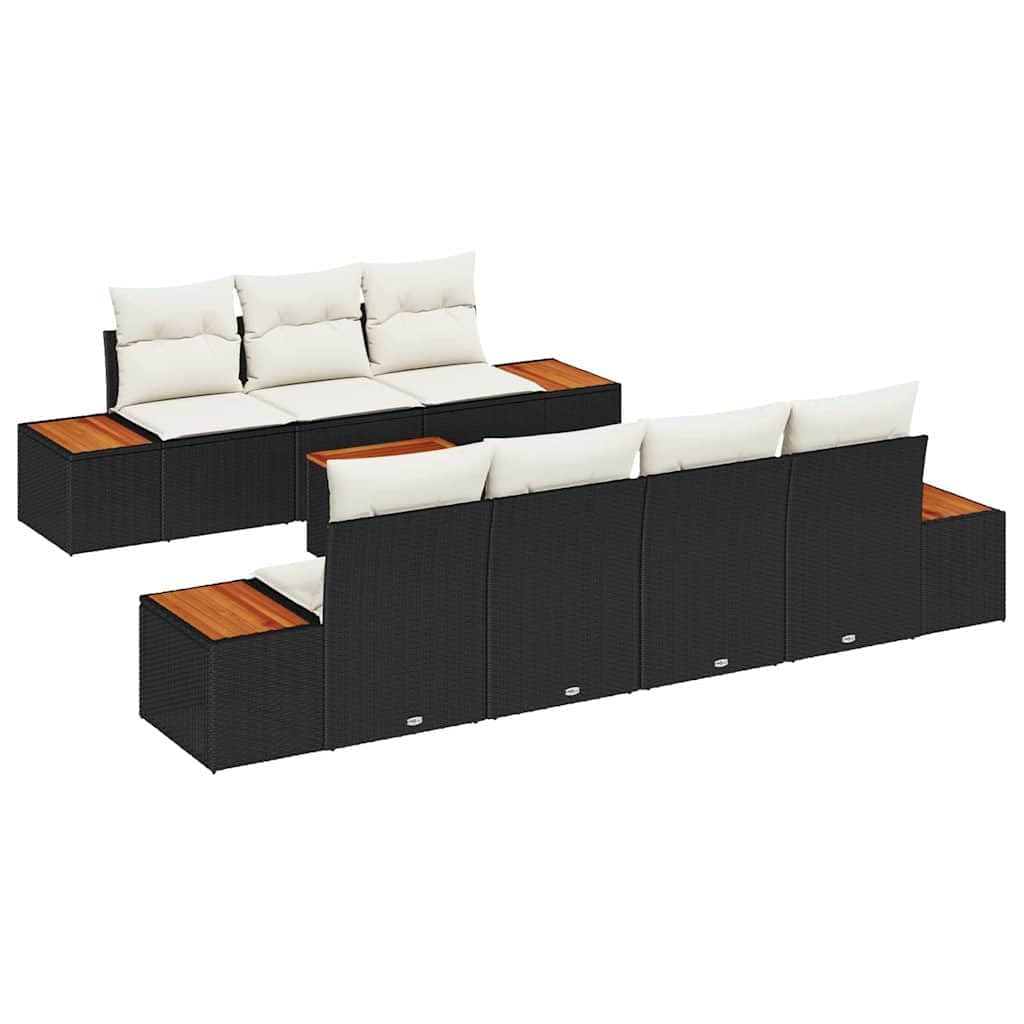 Sofá de jardín modular de polirratán negro con 8 cojines, juego de muebles de exterior con estructura de acero y patas ajustables