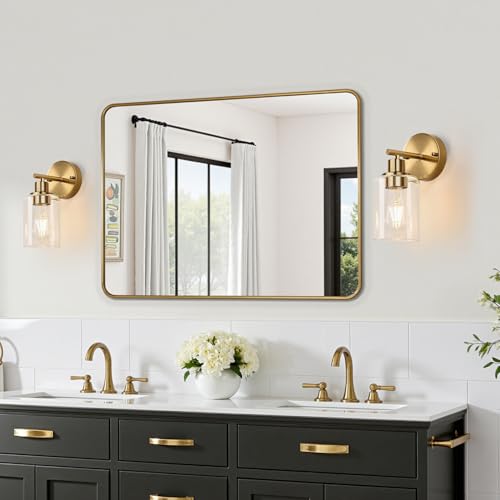 Image of Zarbitta Set of 2 Wall Sconces for Bathroom, Brushed Gold Modern Vanity Lights with Clear Glass Shade,Bathroom Wall Lamp for Mirror Kitchen Living Room Hallway Cabinet Porch