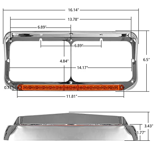 Partsam 2X Headlight Bezel With 12" Amber Sequential Light Strip Chrome 14 Leds Replacement For 4X6 Light Kenworth T400 T600 T800 W900B Peterbilt 378 379 Western Star 4900 Freightliner Fld Classic Xl #TOP4