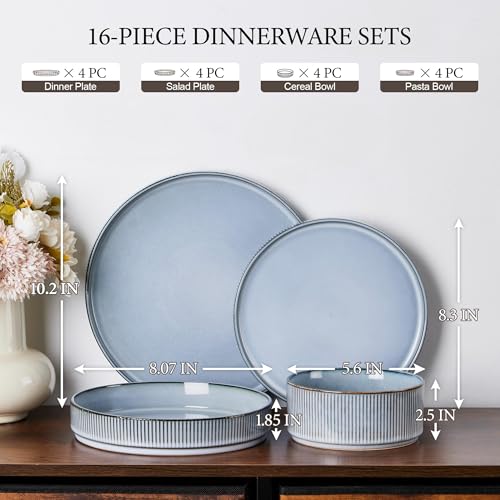 Image of E-far 16 Piece Dinnerware Sets, Plates and Bowls with Pasta Bowls Service for 4, Modern Stoneware Ribbed Dishes for Kitchen Dining, Microwave & Dishwasher Safe, Dusty Blue