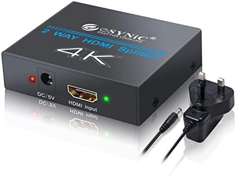 eSynic Professional HDMI Splitter 1 in 2 Out HDMI Splitter 4K Hdcp Bypass 2 Way HDMI Splitter Aluminum Lossless Transmission HDMI Splitter Support 4K HDCP 1.4 With UK Power Adapter for HDTV etc