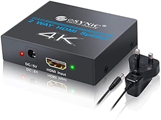 eSynic Professional HDMI Splitter 1 in 2 Out HDMI Splitter 4K Hdcp Bypass 2 Way HDMI Splitter Aluminum Lossless Transmission HDMI Splitter Support 4K HDCP 1.4 With UK Power Adapter for HDTV etc