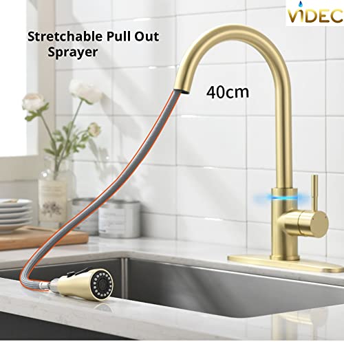 Videc Smart Kitchen Faucet, 3 Modes Pull Down Sprayer, Led Temperature Control, Ceramic Valve, 360-Degree Rotation, 1 Or 3 Hole Deck Plate. (Kw-68J, Brushed Gold, 15.66 Inches) #TOP2
