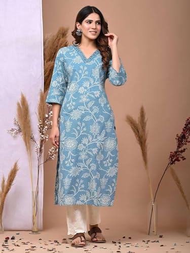 Image of Rimeline Women's Cotton Printed Kurta with Embellished V-Neck Design | Straight Fit Ethnic Wear for Office, Casual & Daily Use