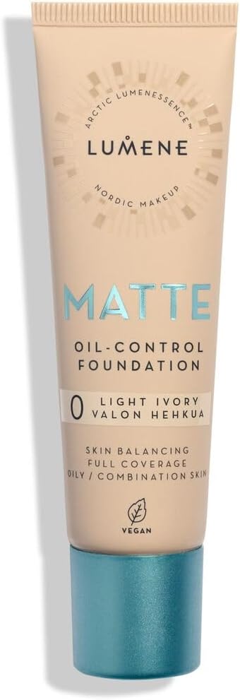 Lumene Matt Control Oil Free Foundation for Oily and Combination Skin Full Coverage with Arctic Cloudberry 30 ml / 1.0 Fl.Oz. (0 Light Ivory SPF20)