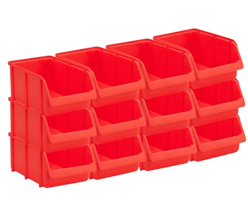 hünersdorff Kit 12 gavetas de almacenamiento apilables, Cajas de almacenaje, Organizador para herramientas, gran estabilidad dimensional y capacidad de carga,de polipropileno (PP), tamaño 4, rojo