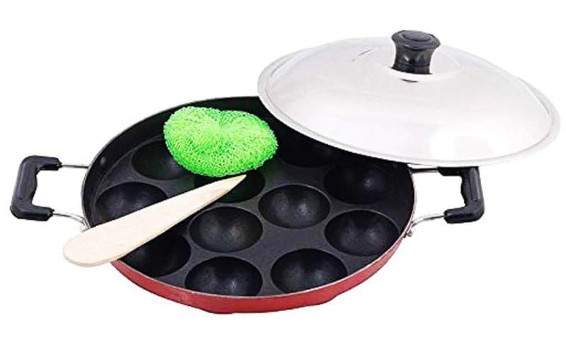 Image of Non-Stick 12 Cavity Appam Patra Pan with Stainless Steel Lid | 2 Side Handle | Multipurpose Appam Maker | Appam Patra | Appam pan | Litti Maker | Appe Stand | Dishwasher Safe (Red)