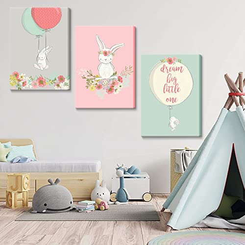 Cartoon Rabbit Wall Art Framed Canvas Prints For Kids Baby Nursery Bedroom Decor Cute Bunny Poster Painting Picture Ready To Hang Gift 16"X24"3Pcs #TOP4