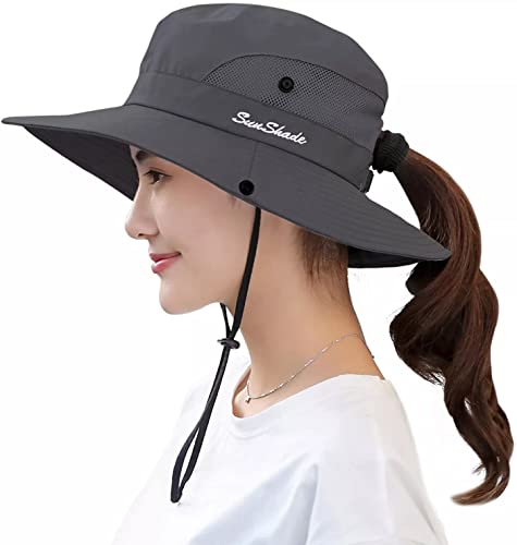 Women's Outdoor Uv-Protection-Foldable Sun-Hats Mesh Wide-Brim Beach Fishing Hat With Ponytail-Hole (Dark Grey) #TOP5
