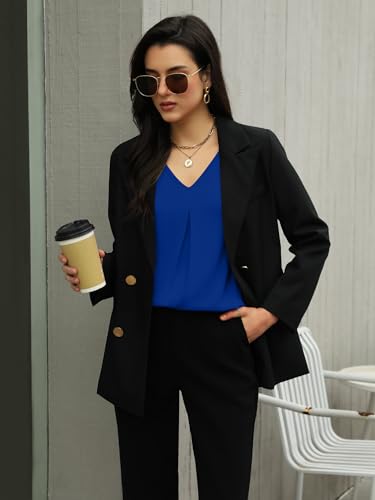 Funlingo Womens 3/4 Length Sleeve Tops Dressy Casual V Neck Business Chiffon Blouses Pleated Trendy Work Shirts4