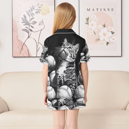 ALAZA Baseball Cat Kitten Funny Satin Pajamas Set Short Sleeve Button Down Sleepwear Summer Pjs 2 Piece4
