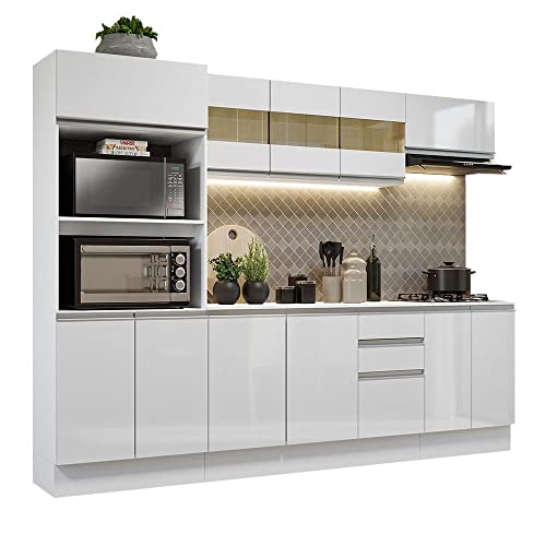 Cozinha Completa 100% Mdf Madesa Smart 250 cm Com Balcão e Tampo - Frentes Branco Brilho