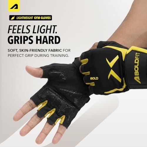 Image of Boldfit Gym Gloves for Men Workout Unisex Cushion Hand Gloves for Gym for Men & Women for Cycling, Weightlifting, Workout Comfortable Fit Bike Riding, Cycling Handgloves - Apexgrip Black Yellow S