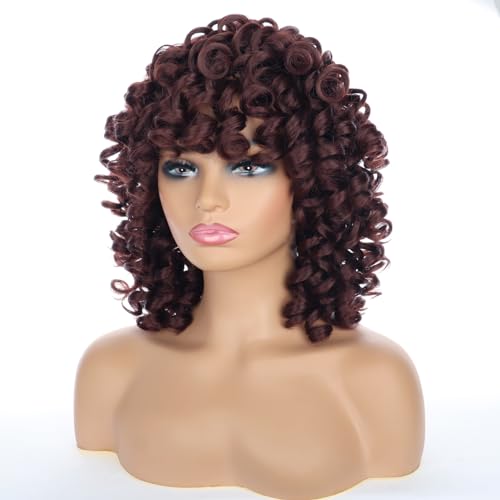 PORSMEER Curly Afro Dark Brown Wigs for Black Women Natural Synthetic Hair Wig with Fringe Kinky Big Wave Full Wig for Cosplay Party Darily Wear - Image 4