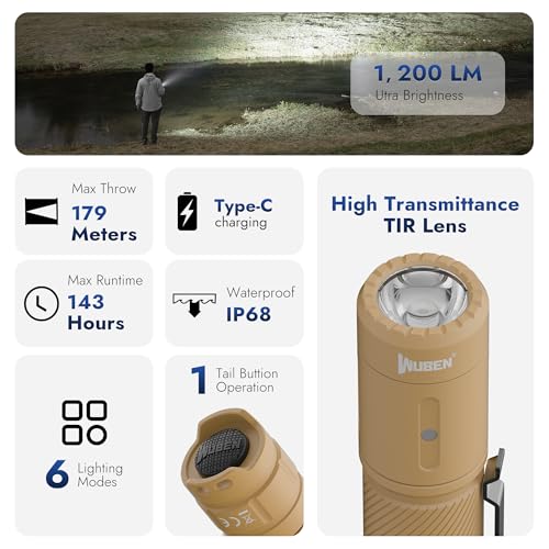 Image of WUBEN C3 Flashlight 1200 High Lumens Rechargeable Flashlights 6 Modes Super Bright IP68 LED Tactical Flashlight for Camping, Home, Emergenc, Inspection, Repair, Tool Gifts for Men(Khaki)