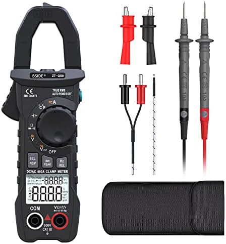 BSIDE 600A DC Clamp Meter True RMS 6000 Counts Auto-Ranging Multimeter Inrush Current Capacitance Temperature Diode Live Check Low Impedance Voltage Tester, Black