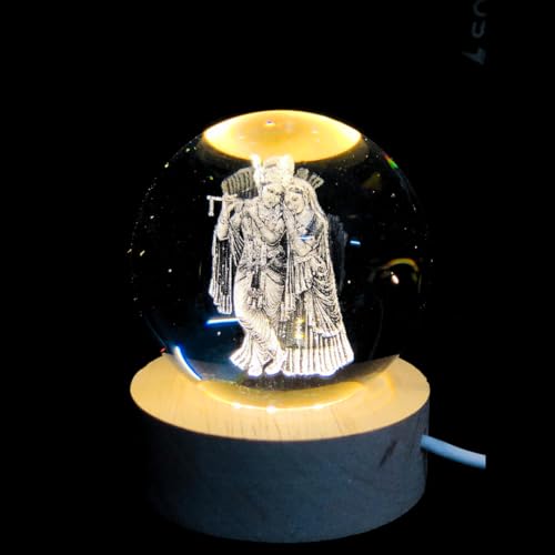 Image of 3D Radha Krishna Crystal Ball Night Light lamp, LED Illuminated Glass Globe with Wooden Base, Decorative Figurine with Etched Design for Home, Office, Birthday Gift, USB Powered