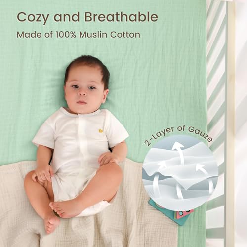 Image of david's kids Muslin Crib Sheets for Boys Girls, 2 Pack 100% Cotton Soft Breathable Fitted Baby Sheet Set, 28x52 Inch Fits Standard Crib and Toddler Mattresses, Beige & Green
