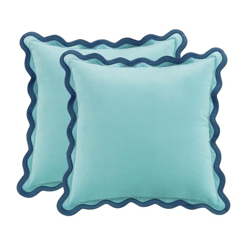MONDAY MOOSE Decorative Throw Pillow Covers Cushion Cases, Set of 2 Soft Velvet Scalloped Wavy Edge Designs, Mix and Match for Home Decor, Pillow Inserts Not Included (20x20 inch, Blue/Light Blue)