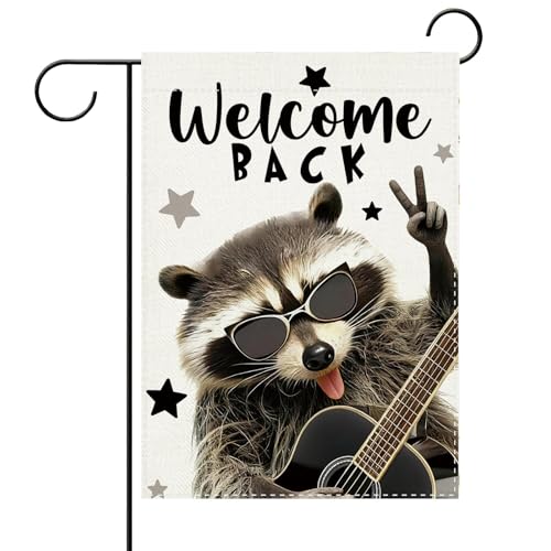Terkki Welcome Back Animal Rock Music Decorative Garden Flag, Funny Rocking Raccoon Guitar Small Yard Outside Decorations, Farmhouse Stars Burlap Outdoor Home Decor Double Sided 12 x 18