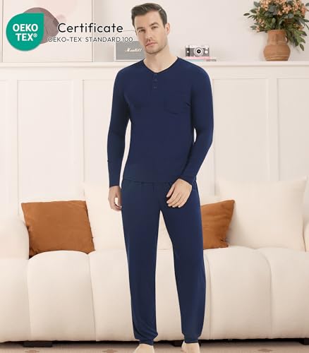 Image of NACHILA Mens Pajamas Set Long Sleeve Henley Sleepwear Top Soft Jogger Pants Pajamas Cool Pjs Set,Viscose Made from Bamboo