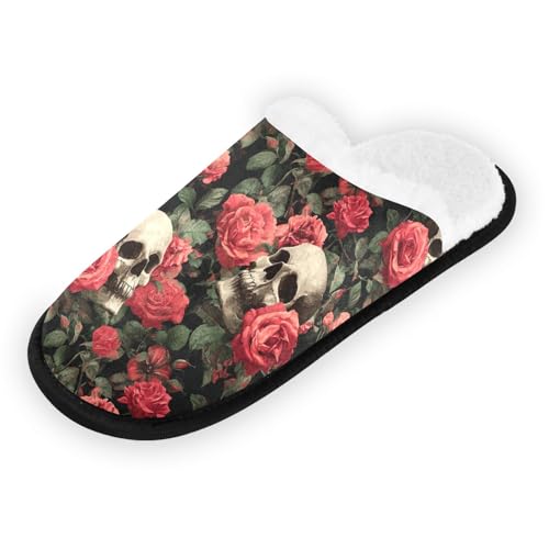 Retro Skull Pink Rose Slippers For Women Men Soft Memory Foam Non-Slip Halloween Winter Indoor House Shoes Travel Slipper2