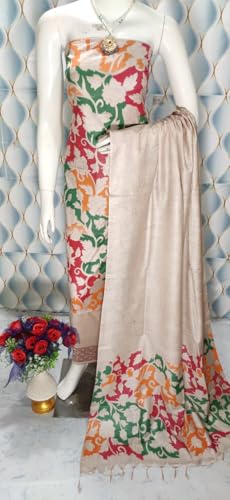 Image of Katan Slub Silk Unstitched Salwar Suit Dress Material for Women & Girls with Dupatta | Madhubani Screen Print | Top-2.5M, Bottom-2.5M, Dupatta-2.4M | Ethnic Wear | Code 243