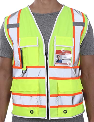 sesafety Safety Vest with 9 Pockets, High Visibility Reflective Vest, Security Vest, Work Vest for Men, ANSI/ISEA Class 2 Type R, Yellow Orange Strips, 5XL