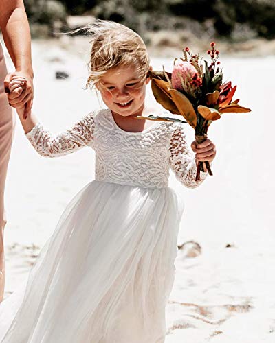 2Bunnies Girl Peony Lace Back A-Line Straight Tutu Tulle Party Flower Girl Dresses (White Long Sleeve Maxi, 6Yrs) #TOP1