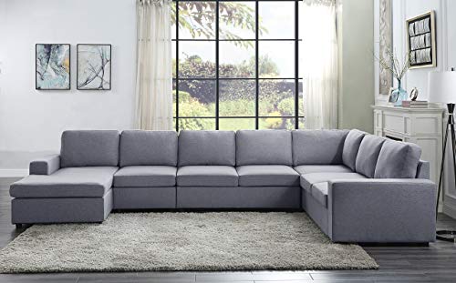 147" Light Gray Linen 7 Seat Reversible Modular Sectional Sofa