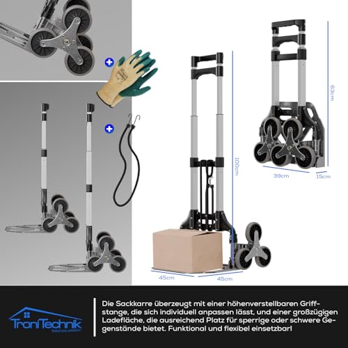 Tronitechnik® Sackkarre Handkarre klappbar für Treppen, Transportkarre bis 75kg - Karre für Pakete, Transportwagen für Pakete, Gepäck und Einkauf - Vollgummireifen, höhenverstellbar