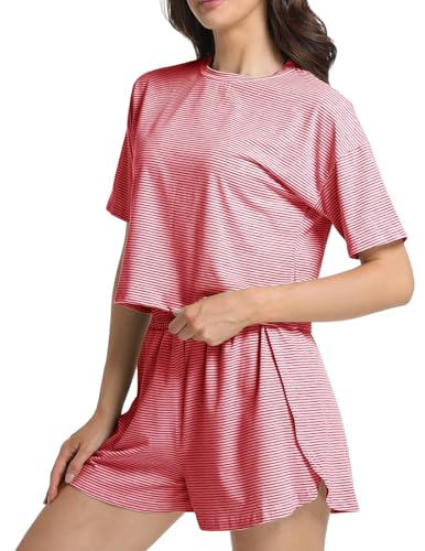 Image of Split Short Pajama Set Soft Women's Striped Pajama Sleeve Tee & Elastic Waist Shorts Summer Lounge Sleepwear
