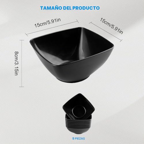Miniatura 2 de Shuqio Set De 8 Cuencos De Cocina De Plástico Negro Cuadrado, Bol Versátil Para Fruta, Ensalada, Desayuno, Aperitivos Y Cocina, 15cm X 8cm Ideal Para Cereales, Arroz, Pasta Y Uso Diario En Hogar
