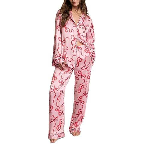 UAURORAO Women Bow Pajamas Set Long Sleeve Love Printed Silk Pajamas Button Down Y2k Pjs Cute Valentines Sleepwear(Ribbon Pink,Small) Cover
