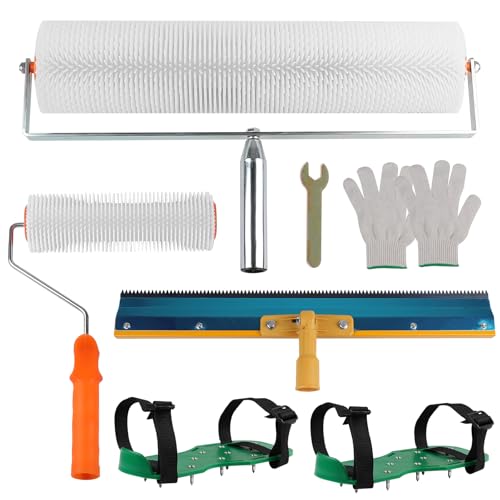 EXLECO Kit D'outils de Ciment Autonivelant avec Raclette Dentée 56CM, Rouleau Debulleur 50CM, Rouleau à Pointes 23CM, Chaussure a Pointe Ragreage 30MM, Gants...