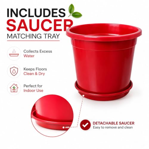 Image of 12 Inch Glossy Red Plastic Planter with Bottom Plate | Heavy Duty Flower Pot with Tray for Indoor Home Decor, Balcony, Living Room & Outdoor Garden (6 Pot, Red)