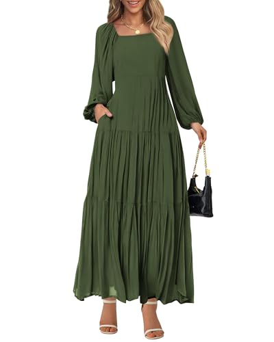 BTFBM Women Formal Dress Spring Square Neck Puff Long Sleeve Smocked Tiered Flowy Wedding Guest Maxi Dresses Pockets