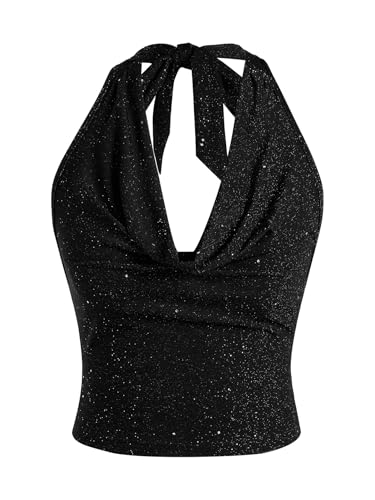 SOLY HUX Women's Sleeveless Sparkly Halter Top Cowl Neck Glitter Tank Shirts Party Clubwear