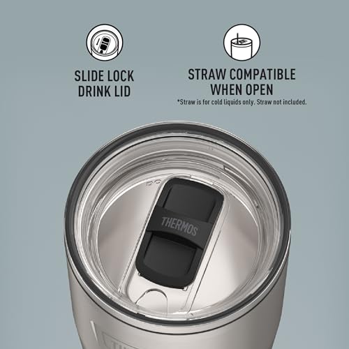 Image of THERMOS Icon Series 24oz Stainless Steel Tumbler with Slide Lock Lid, Leakproof, Fits Cupholder, Dishwasher Safe, Griptec Non‑Slip Base, Keeps Drinks Hot 6 Hrs /Cold 22 Hrs, Matte Stainless Steel